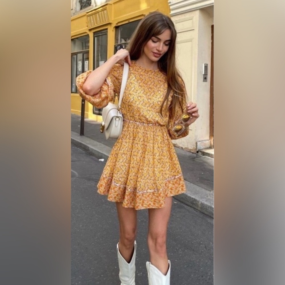 New! Maje Risso Yellow Floral Cut-Out Mini Long Sleeve Dress 🌼 Small - Picture 8 of 16